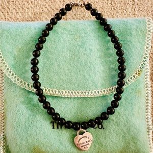 Tiffany & Co. Black Beaded Bracelet with Silver Heart Charm